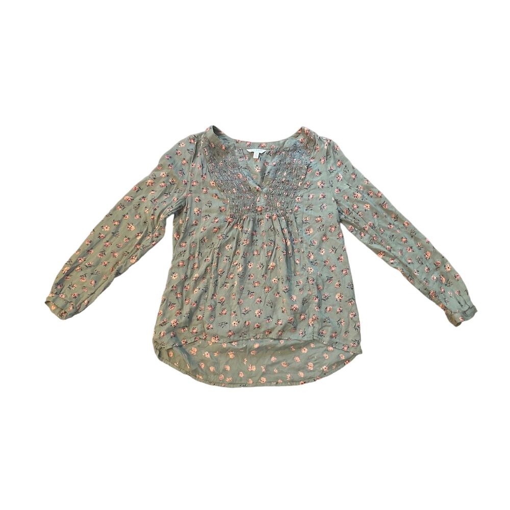 Women S Lucky Brand Green Floral Printed Long Slv Blouse Boho Shirt Top Viscose